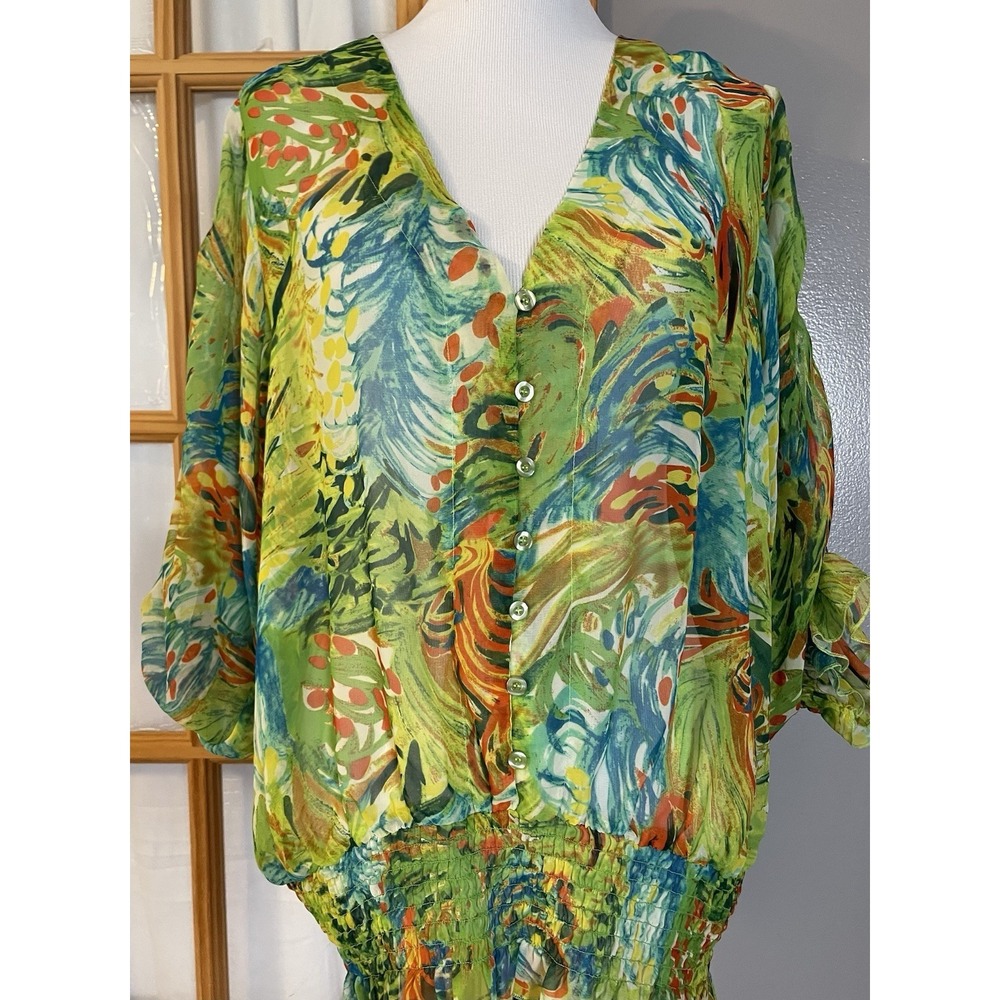 Dots Abstract Sheer Button Up Blouse 3X Green Yellow Smocked Waist Ruched Sleeve